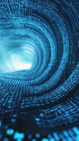 Vertical Data Tunnel Footage: Blue Binary Stream Flowing Toward Glowing Exit, Futuristic Motion