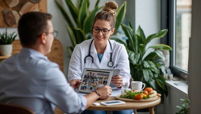 Smiling Female Doctor Reviewing Tablet with Patient, Discussing Nutrition and Digital Health