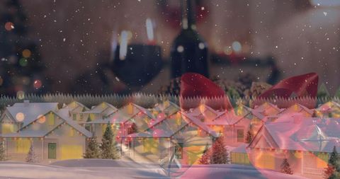 Festive Snowfall Over Christmas Village with Candlelit Ambiance