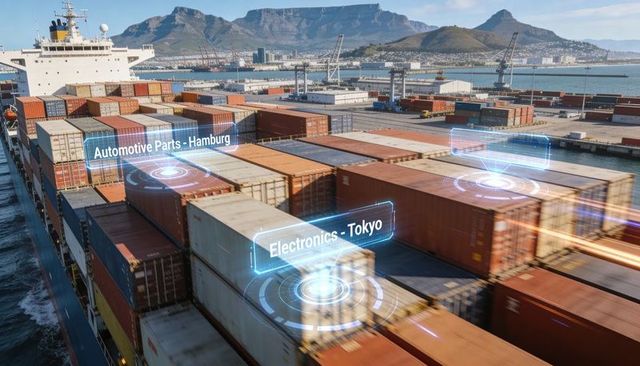 Stacked shipping containers on container ship displaying augmented reality logistics labels