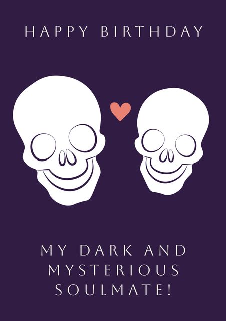 This gothic birthday card features two cartoon skull illustrations with a small heart between them, conveying a dark and mysterious romantic vibe. Ideal for those who enjoy unconventional expressions of love, it is perfect for celebrating a birthday with a unique and quirky touch. Suitable for sending to a partner or significant other who appreciates gothic aesthetics.