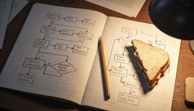 Open notebook with hand-drawn flowcharts, pencil and sandwich on wooden desk under warm lamp light