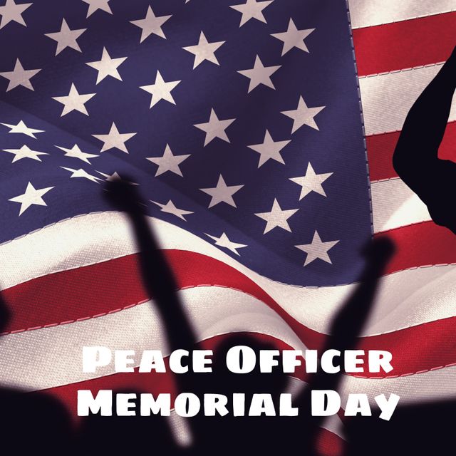 Patriotic image depicting silhouettes of people against a flowing American flag with 'Peace Officer Memorial Day' text. Ideal for promoting events, social media posts, blog articles, or announcements related to honoring fallen law enforcement officers and community awareness efforts.