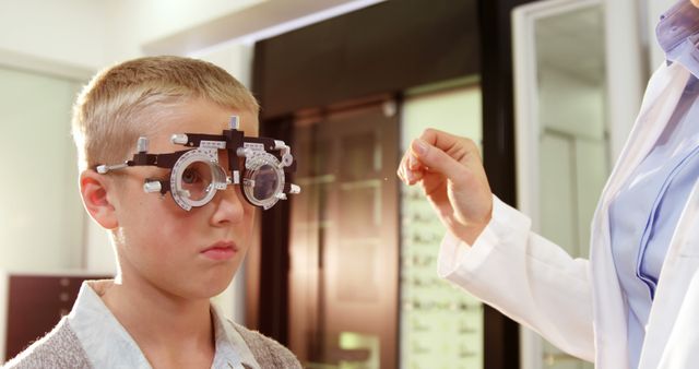 Young boy undergoing vision test at an optometrist's office. He is wearing special testing glasses while the optometrist holds up a lens to check his vision. This type of photo can be used in educational materials about eye health, promotions for optometry services, articles discussing pediatric eye care, and advertisements for optical products.