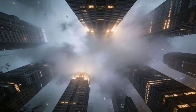 Skyscrapers channeling fog toward street, lit windows glowing in moody night skyline