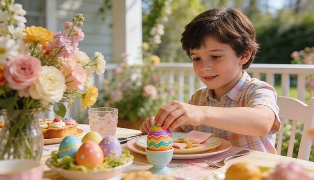 Young boy decorating colorful easter egg at spring brunch on sunny porch