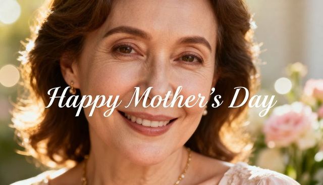 Smiling mother celebrating mother's day with spring bouquet and warm backlight