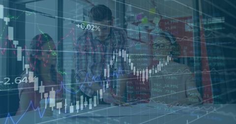Business team analyzing financial data on laptop with candlestick charts and overlay