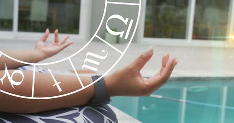 African American Woman Meditating by Pool with Zodiac Overlay