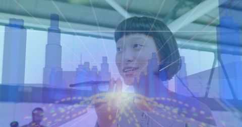 Asian presenter speaking at tech conference with holographic cityscape overlay