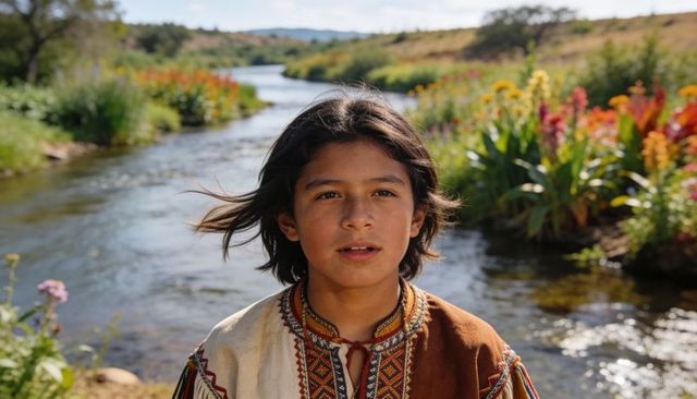 Adolescent boy wearing embroidered tunic standing at sunlit riverbank surrounded by wildflowers