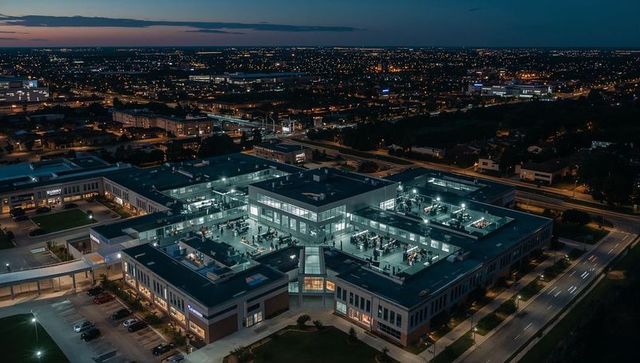 Corporate office complex glowing at dusk with rooftop terraces and teams collaborating