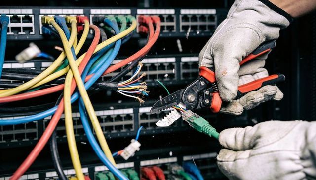 It technician crimping green rj45 connector, stripping twisted-pair cable in server rack