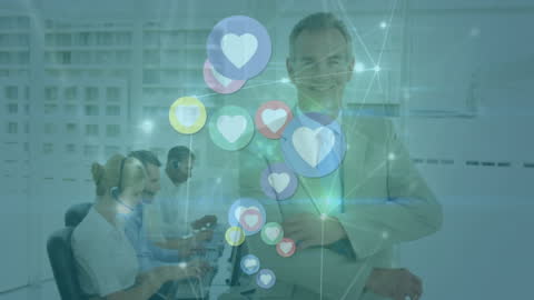 Businessman Overseeing Call Center with Digital Heart Icons