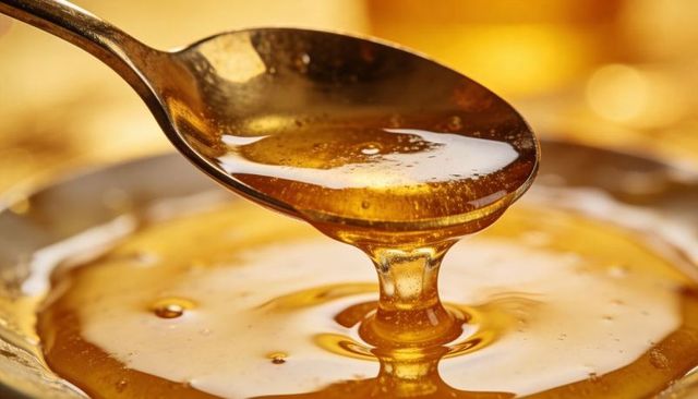 Golden Honey Dripping from Spoon into Jar Macro Close-Up Showing Viscous Texture
