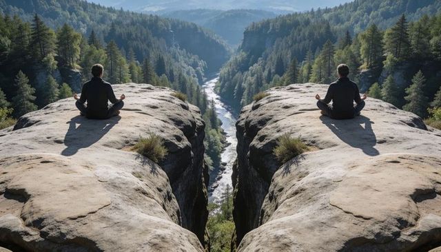 Two men meditating on clifftop overlooking forested canyon and winding river