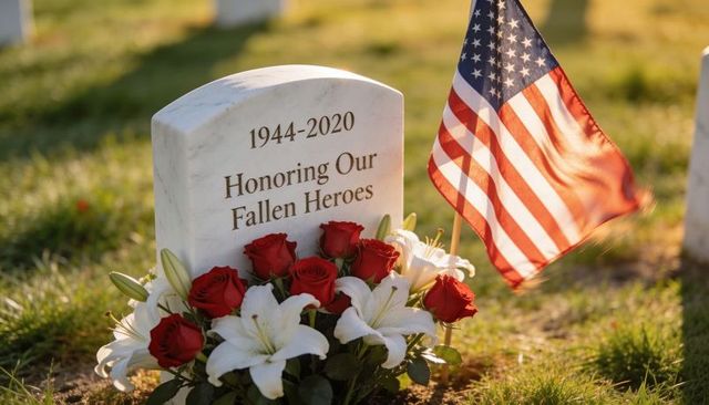 Sunlit gravestone honoring fallen heroes with red roses white lilies and american flag