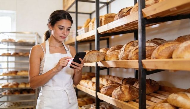 Woman Baker Using Smartphone While Arranging Fresh Artisan Bread on Rustic Bakery Shelves