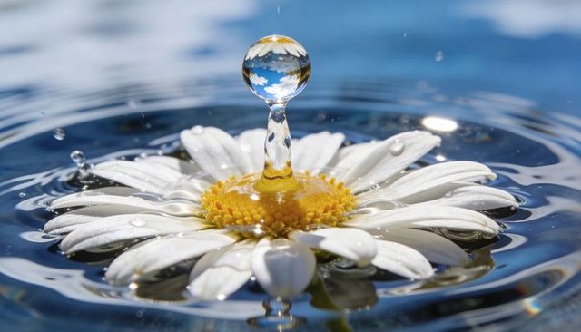 White daisy forming vertical water droplet column reflecting blue sky and clouds