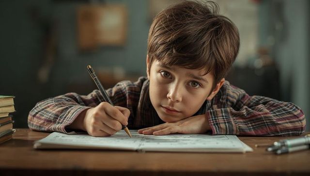 Focused child writing in study room with pencil and notebook