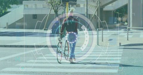 Urban commuter walking with road bike across crosswalk with futuristic hud overlay