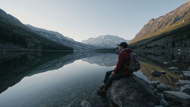 Hiker sitting on boulder overlooking mirrored alpine lake at dawn, jacket and backpack
