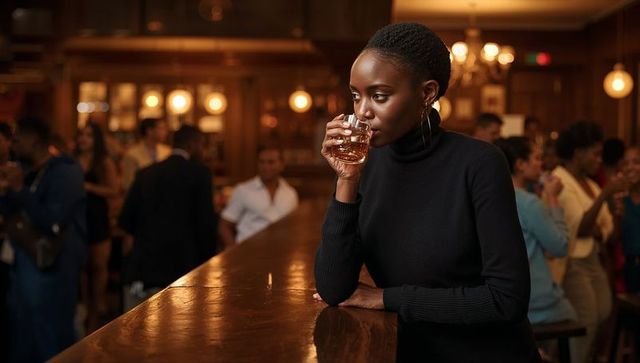 Black woman sipping whiskey from tumbler leaning on polished bar in upscale evening lounge