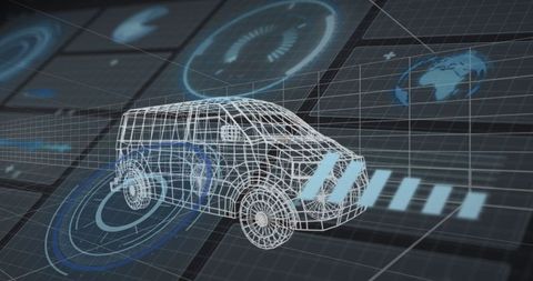 Futuristic wireframe van in virtual 3d space with digital interface panels