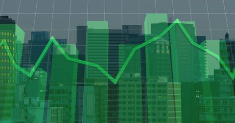 Digital financial graph overlapping modern cityscape