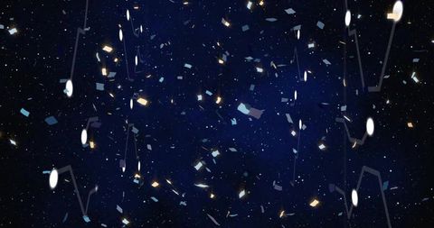 Drifting confetti and glowing orbs over deep navy gradient with geometric nodes and light streaks