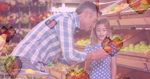 Father and Daughter Shopping for Fresh Lemons with Love Icons