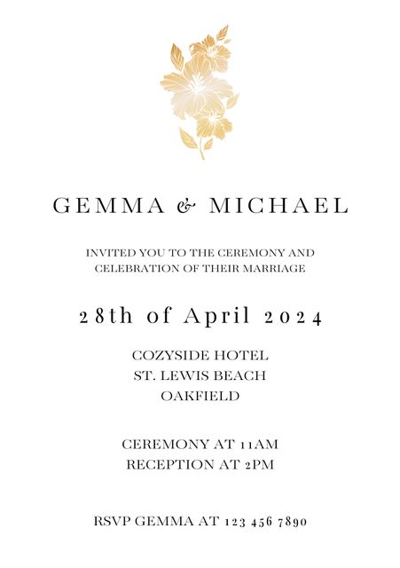 This elegant white wedding invitation features a floral design at the top and provides detailed information about the wedding ceremony and reception. Ideal for couples seeking a minimalist yet sophisticated announcement for their special day. Customize with your names, time, location, and RSVP details to create a personalized wedding invitation that reflects an upscale and modern aesthetic. Perfect for digital invitations or print.