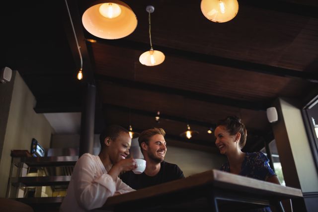 Three friends enjoying coffee together in a cozy and warmly lit coffee shop. Perfect for illustrating themes of friendship, socializing, relaxation, and leisure time. Ideal for use in advertisements, blog posts about social life, coffee culture, or lifestyle articles.