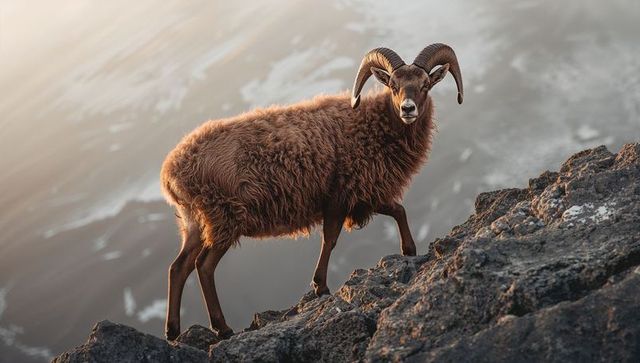Standing brown ram on steep volcanic ridge with curved horns and thick fleece at dusk