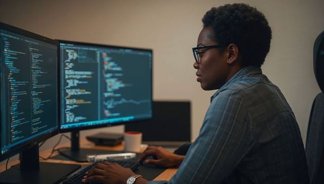 Woman coding on dual monitors at modern desk focusing on software development and analytics