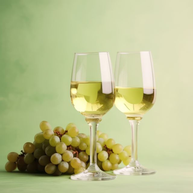Two glasses of white wine and grapes on green background, created using generative ai technology. Wine week, drink, alcohol and wine tasting awareness concept digitally generated image.