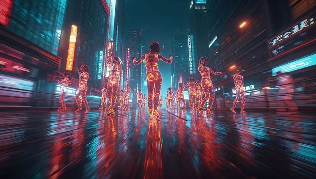 Futuristic neon hologram figures in cyberpunk cityscape