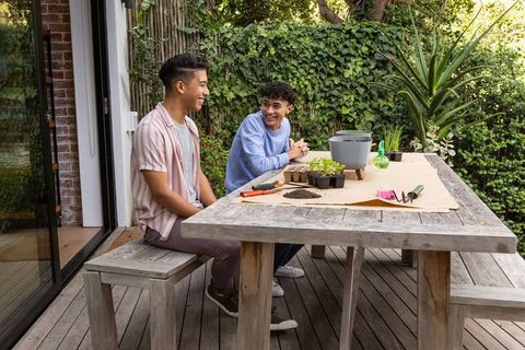 Friends cultivating plants together on outdoor wooden deck