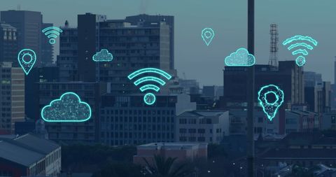 Digital Cloud and Network Icons Over Cityscape - Download Free Stock Images Pikwizard.com