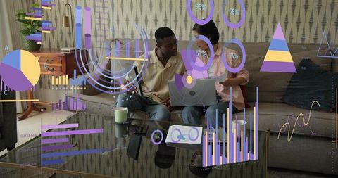 Couple collaborating on laptop while analyzing augmented charts and data visualizations at home