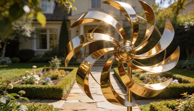 Polished golden wind spinner reflecting sunlight in manicured garden with flagstone walkway