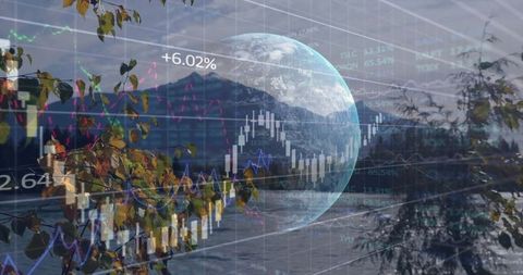 Earth globe over stock candlestick charts at riverfront with autumn leaves and data graphs