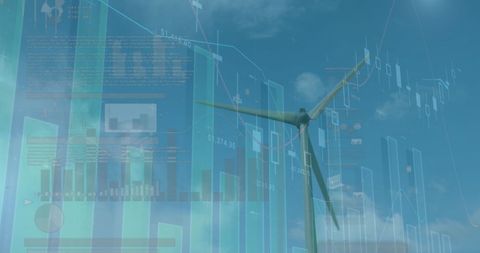 Wind Turbine with Digital Financial Data Overlay Illustrates Green Economy