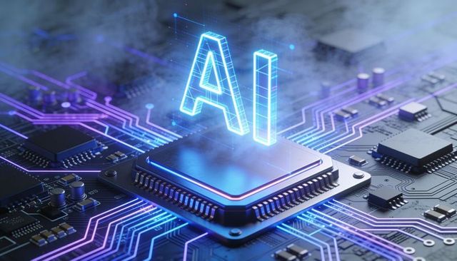 Holographic ai letters projecting over microprocessor chip, neon circuit glow