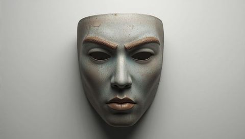 Worn ceramic mask featuring teal patina, hollow eyes and textured brows for displays