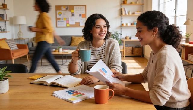 Two women collaborating over color charts in cozy home-office, sharing coffee and ideas