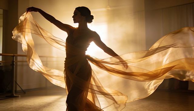 Ballet dancer dancing with flowing chiffon wings backlit by golden sunlight in studio