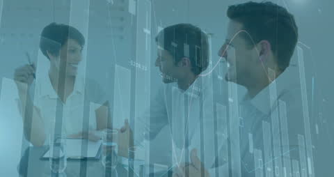 Business Meeting with Financial Data Overlay Presenting Analysis