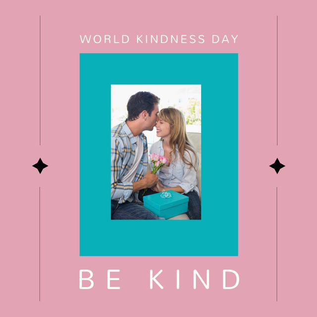 A smiling couple celebrating World Kindness Day. The man is holding flowers and a gift box, showing kindness and love. Perfect for themed blogs, social media posts, and educational materials promoting kindness and relationships.