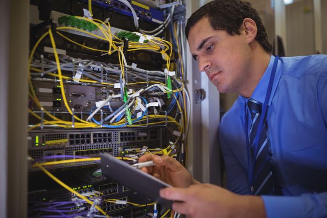 Technician maintaining server rack in data center, writing on clipboard. Ideal for illustrating IT infrastructure, data management, and professional maintenance services. Useful for websites, brochures, and articles related to technology, IT support, and network management.